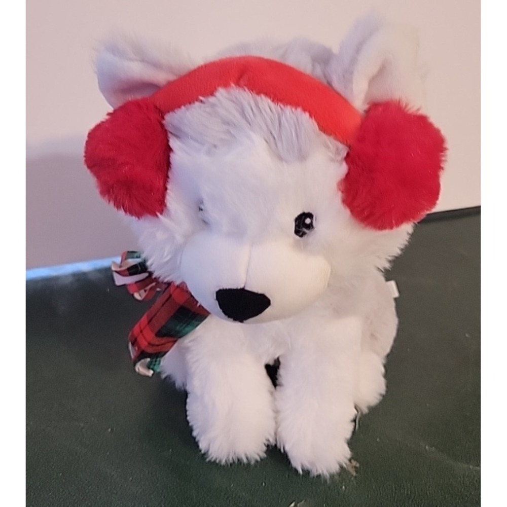 American Greetings Christmas Puppy Dog Plush Animal‎ Toy plaid scarf earmuffs